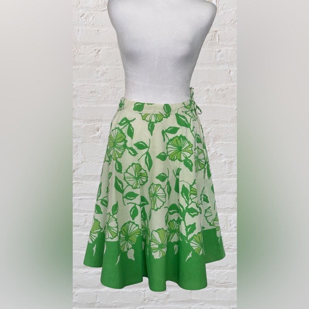 Apollo Green Floral A-Line Linen Skirt Sz 12 L Cottagecore Western Boho Preppy